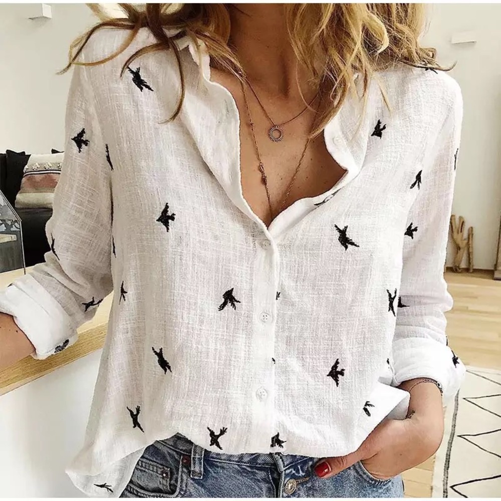 Collar shirt white bird print cotton womens top